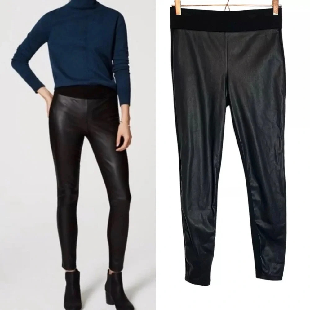 LOFT | Faux Leather Front Ankle Pants Ponte Back Pull On Stretch Black